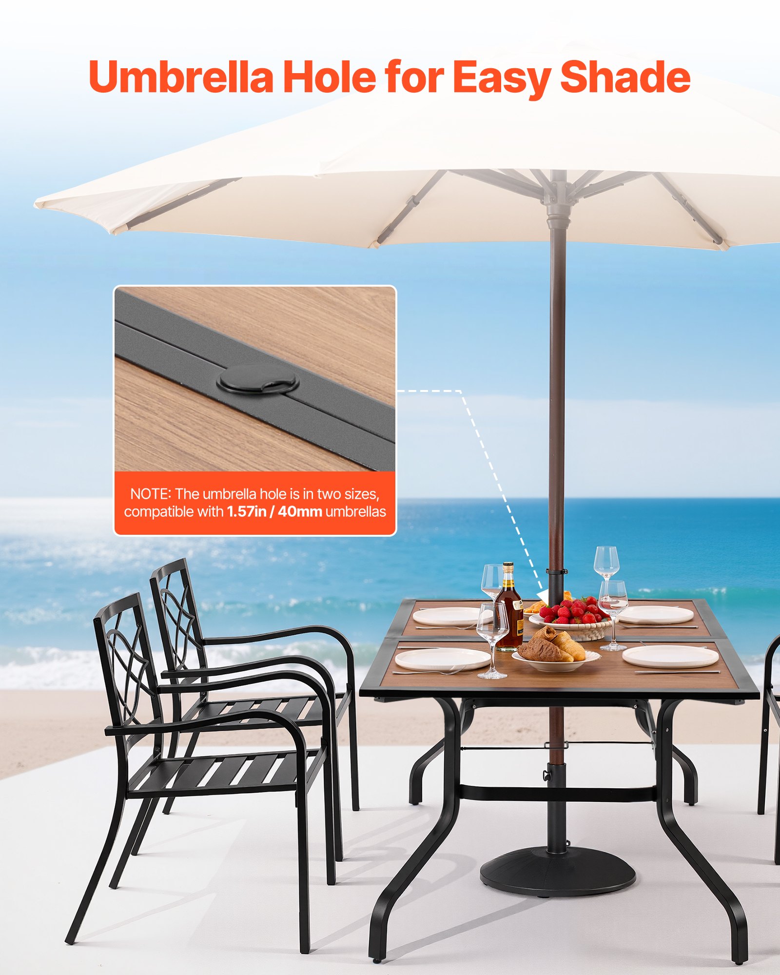VEVOR Outdoor Patio Dining Table, 150cm Long Rectangular Wood-Like Steel Slat Backyard Bistro Tables for 4-6,  with 38mm Umbrella Hole, All-Weather Large Furniture for Lawn Garden Porch, Brown