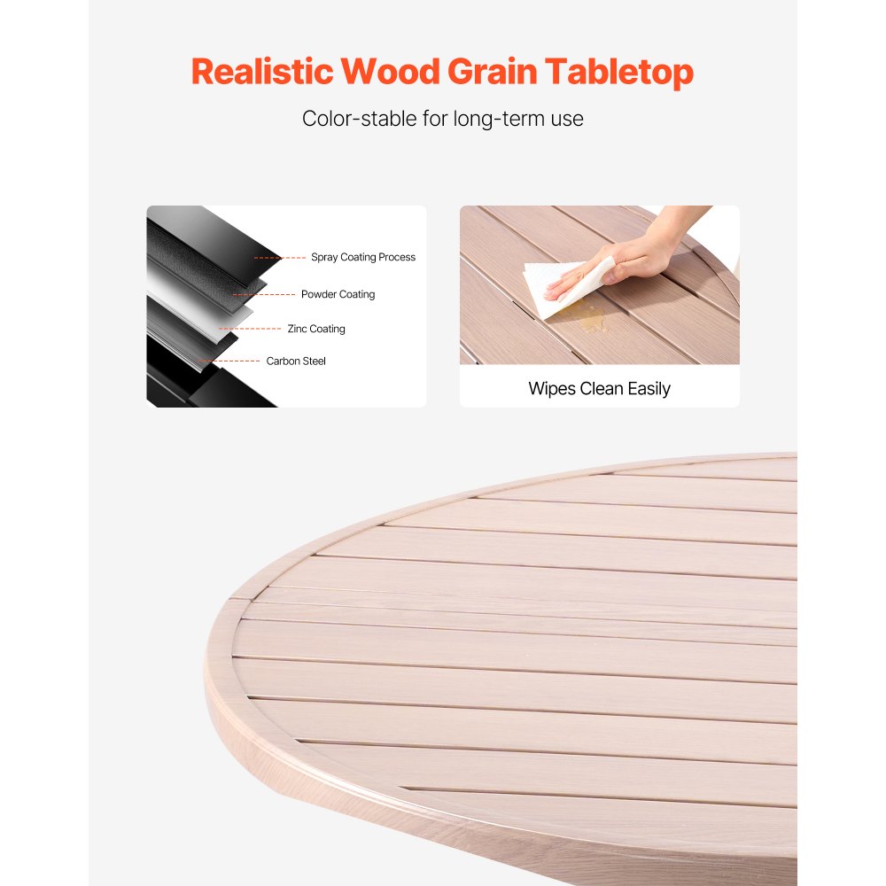 VEVOR Terrassentisch Gartentisch Balkontisch (1035 x 720 mm) aus Kohlenstoffstahl runder Esstisch für Outdoor Hof Terrasse Garten Veranda, wasserfest, mit Schirmloch & Holzmaserung, 68 kg Tragkraft