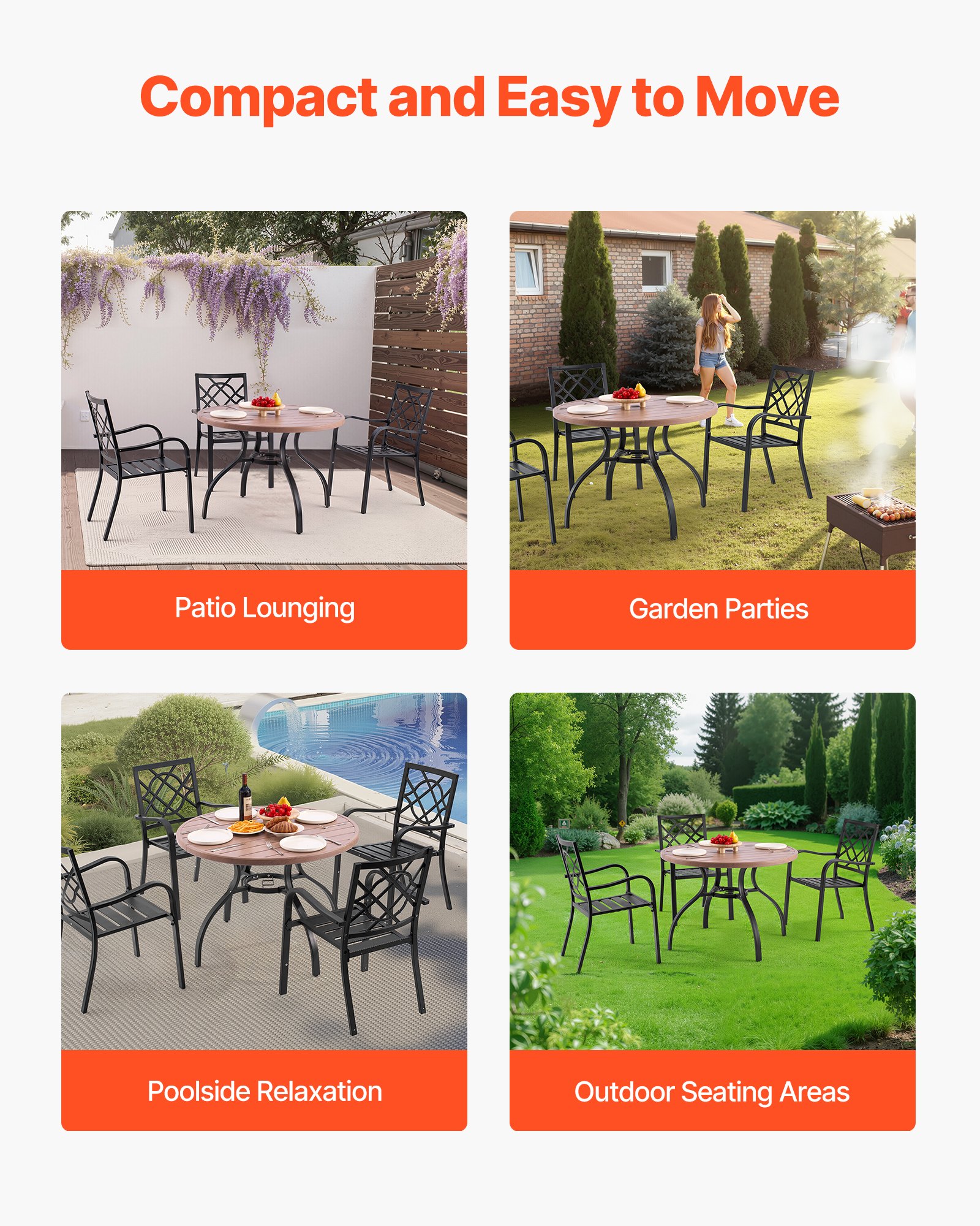 VEVOR Terrassentisch Gartentisch Balkontisch (1035 x 720 mm) aus Kohlenstoffstahl runder Esstisch für Outdoor Hof Terrasse Garten Veranda, wasserfest, mit Schirmloch & Holzmaserung, 68 kg Tragkraft