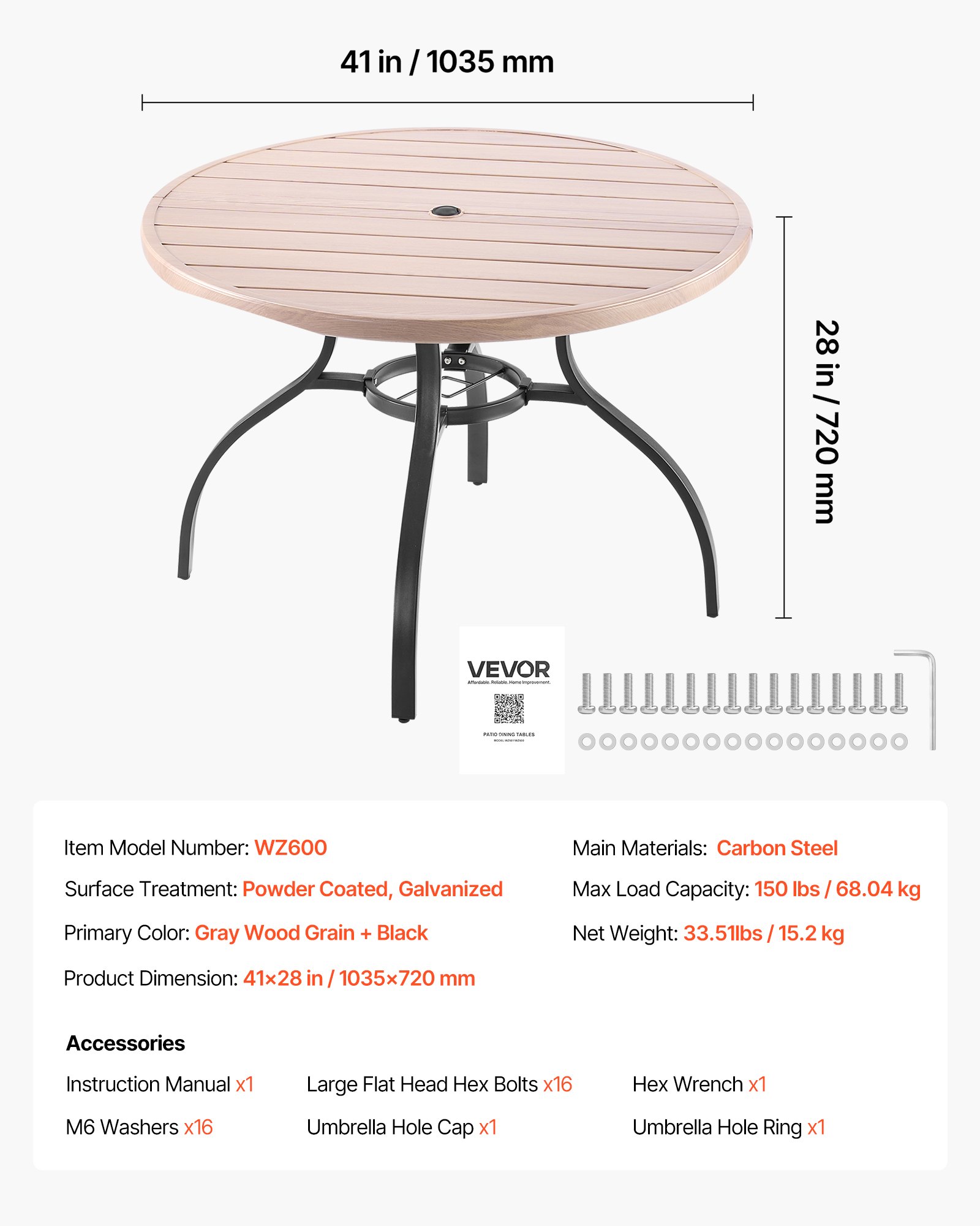 VEVOR Terrassentisch Gartentisch Balkontisch (1035 x 720 mm) aus Kohlenstoffstahl runder Esstisch für Outdoor Hof Terrasse Garten Veranda, wasserfest, mit Schirmloch & Holzmaserung, 68 kg Tragkraft
