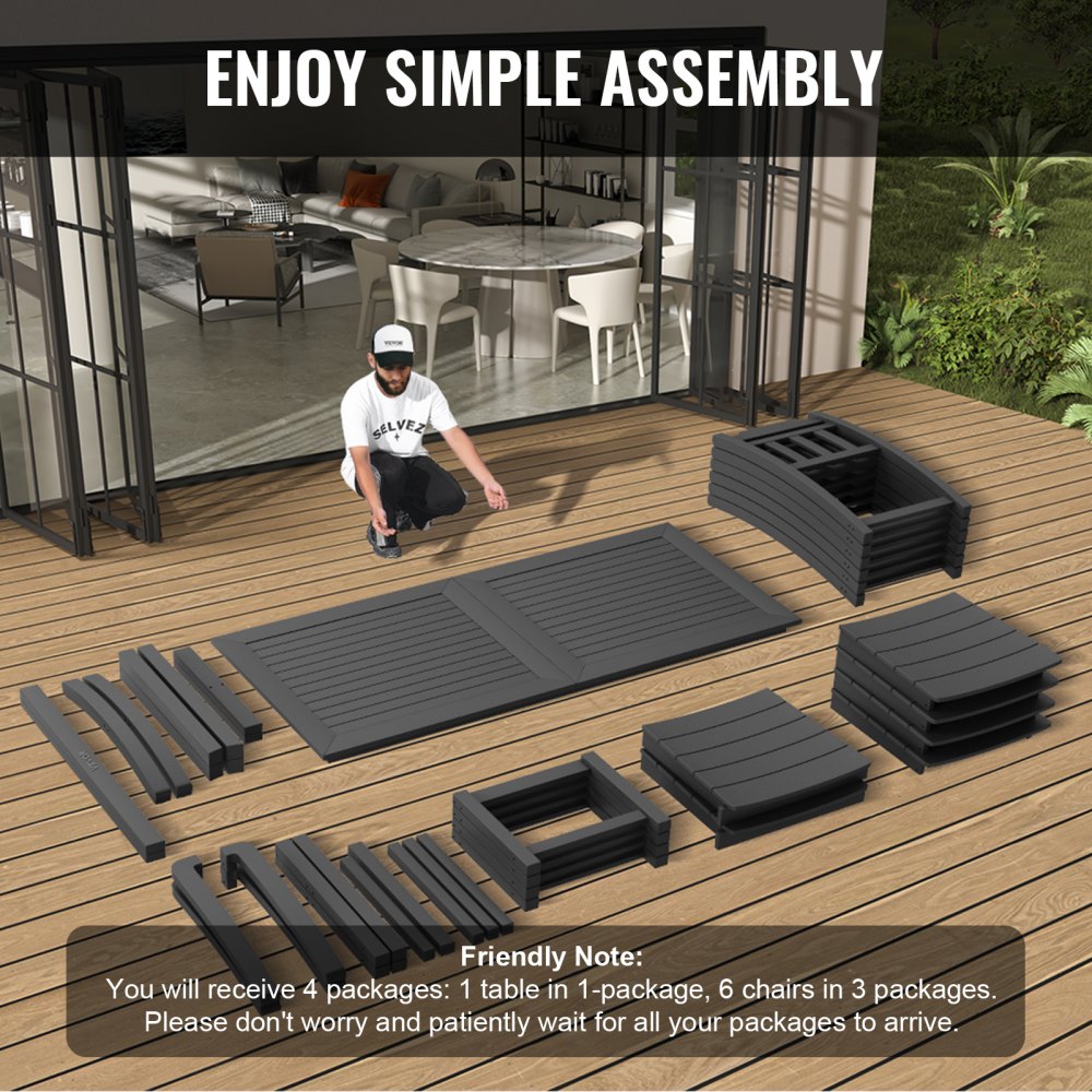 VEVOR 7-teiliges Gartenmöbel Set Balkonmöbel Set 1 Tisch + 6 Stühle, 150 kg / 150 kg Sitzgruppe Garnitur Wetterfest Sonnenfest, Essgruppe Garten Terrassenmöbel-Set Modern Balkon Möbel Schwarz