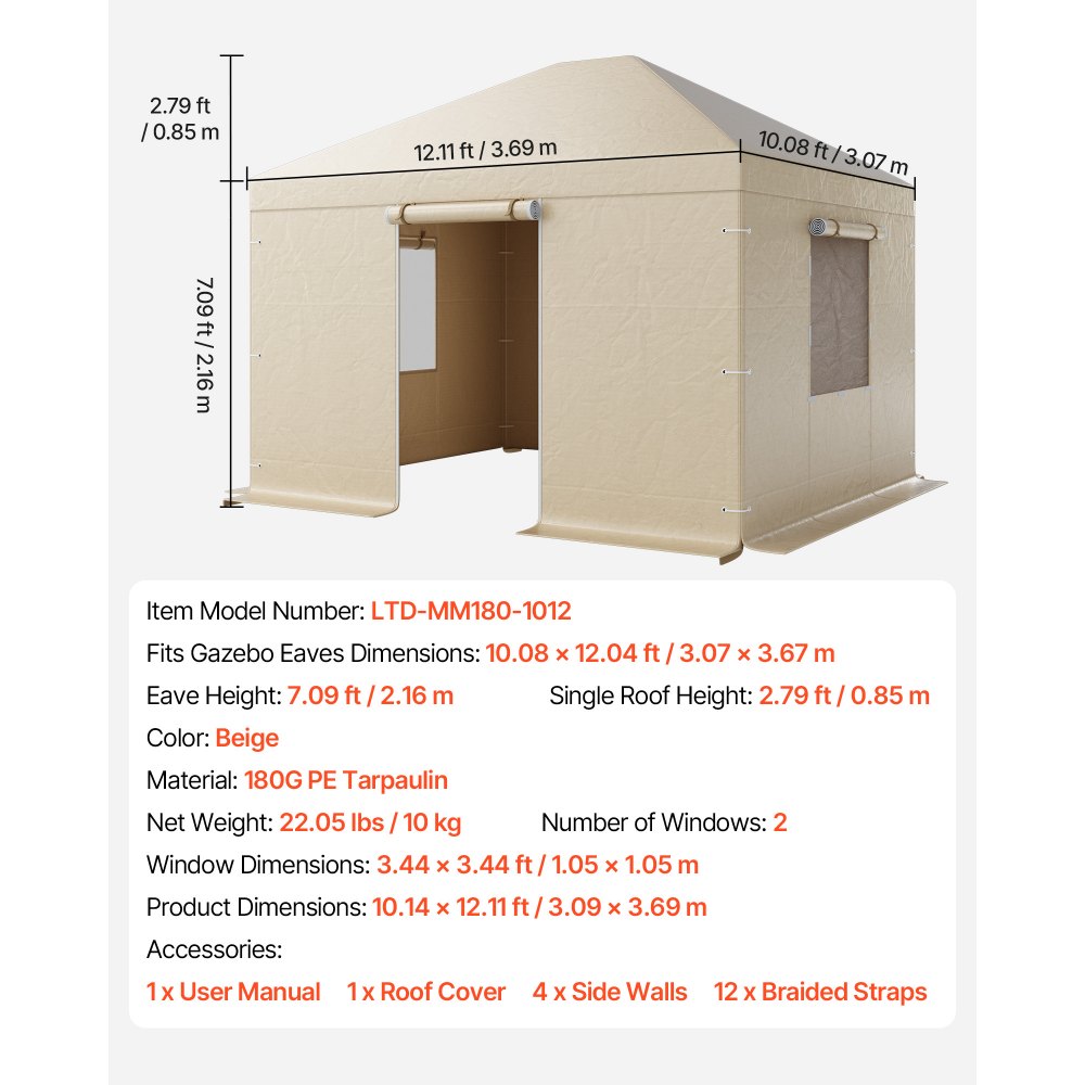 VEVOR Winter Pavillonabdeckung, 3,09x3,69 m, Ersatzabdeckung mit Seitenwänden & Netzfenstern, PE-Material, geschlossene Lagerschutzabdeckungen, Pavillons nicht im Lieferumfang enthalten