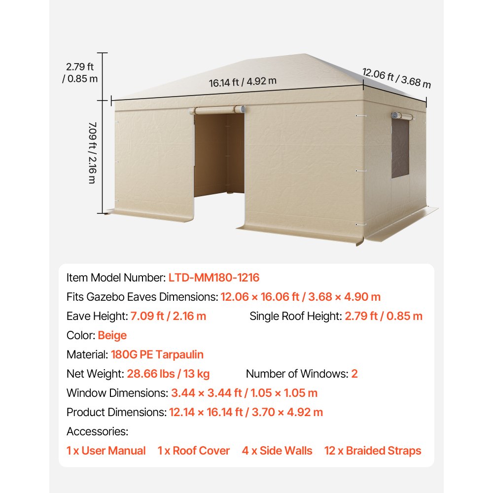 VEVOR Winterabdeckung, passend für 3,68x4,9 m große Pavillons, Ersatzabdeckung mit Seitenwänden & Netzfenstern, PE-Material, Lagerschutzabdeckungen, Pavillons nicht im Lieferumfang enthalten