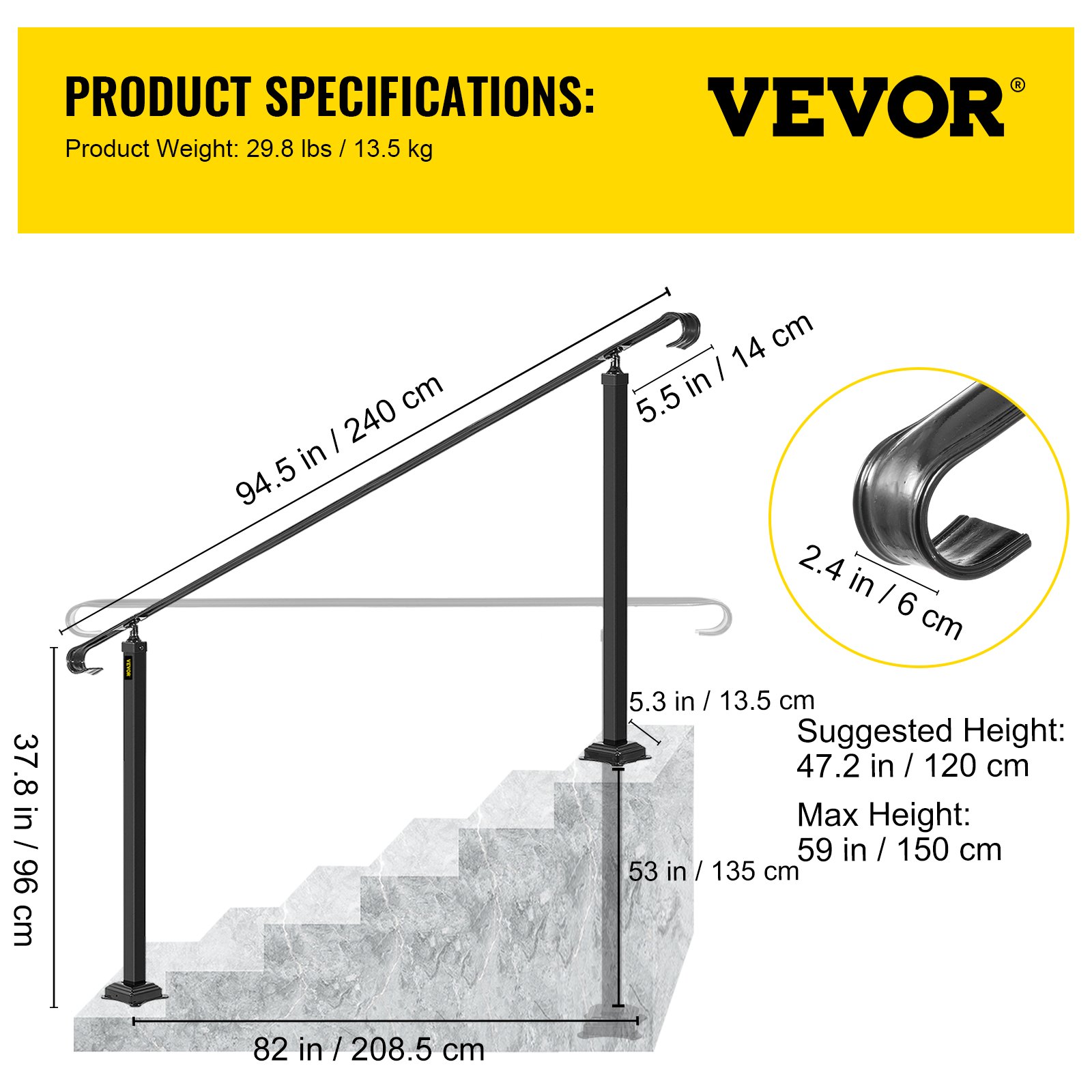 Vevor Geländer Treppengeländer Handlauf 6-8 Stufen 240x13,5x97 Cm Eisen Schwarz