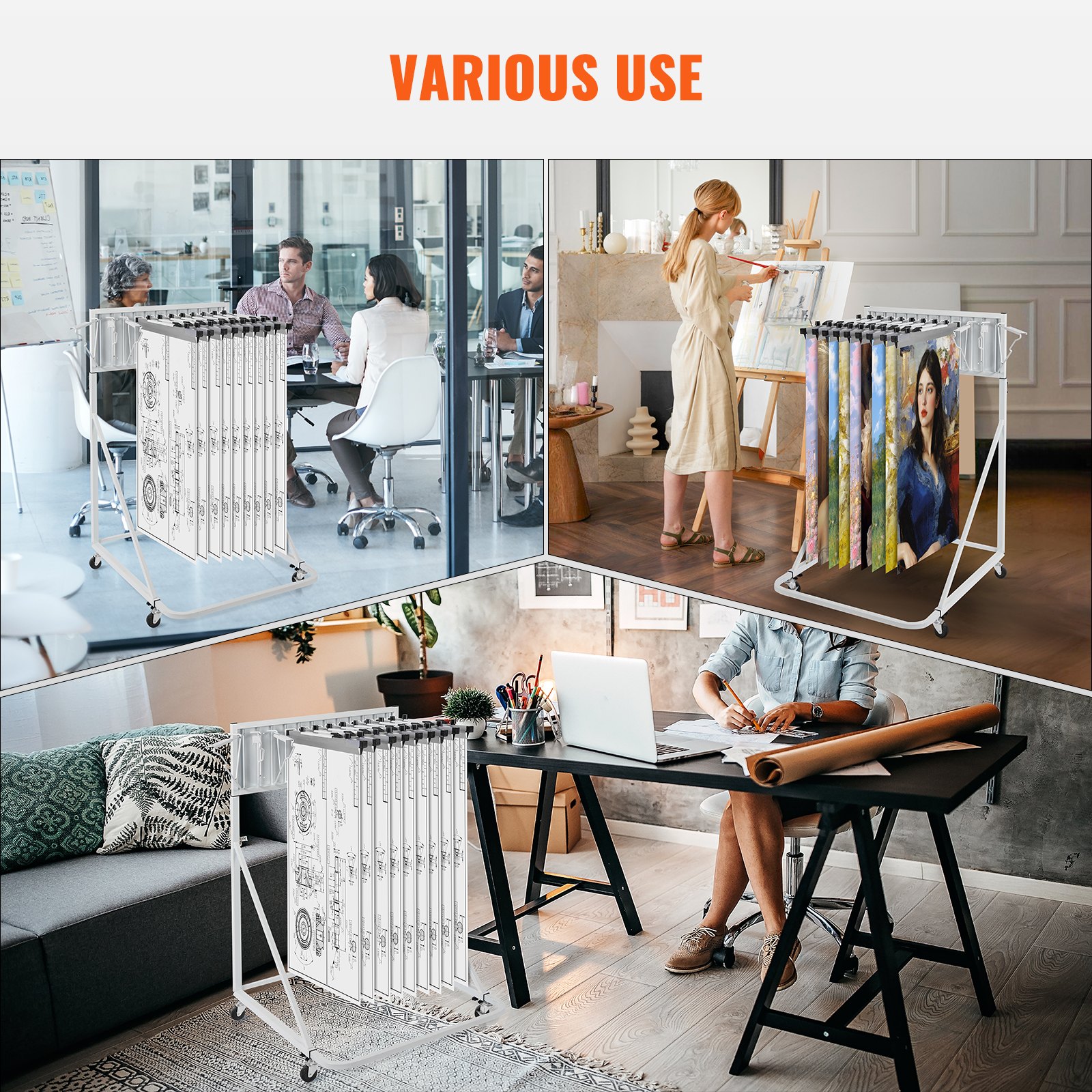 VEVOR Mobile Blueprint Storage Shelf, Plan Holder with 12 Swivel Brackets, Mobile Blueprint Holder, Adjustable Height and Length, Poster Display Shelf for Office and Home (Shelf only, clamps not included)