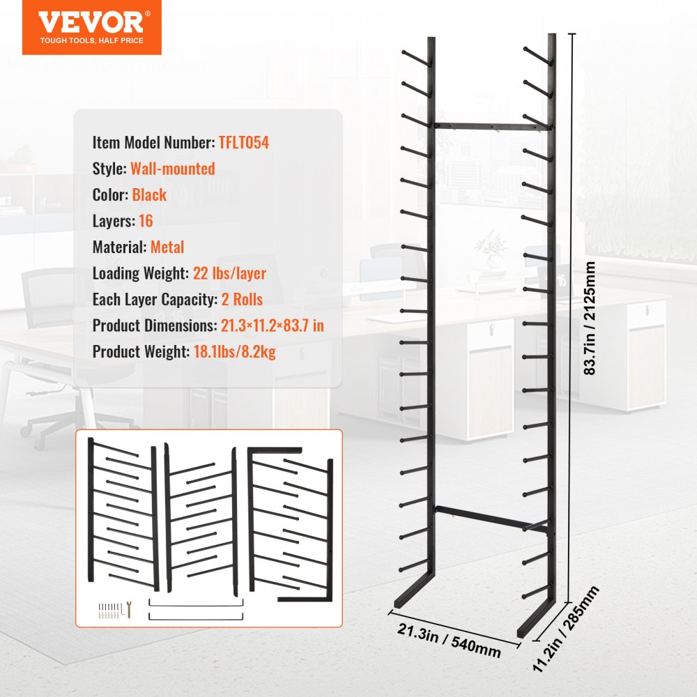 VEVOR Blueprint Storage Rack, 16-Tier Hanging Poster Display Rack, Vertical Blueprint Roll File Holder with 2 Rolls/Tiles, Roll File Storage Rack for Blueprint Maps and Posters