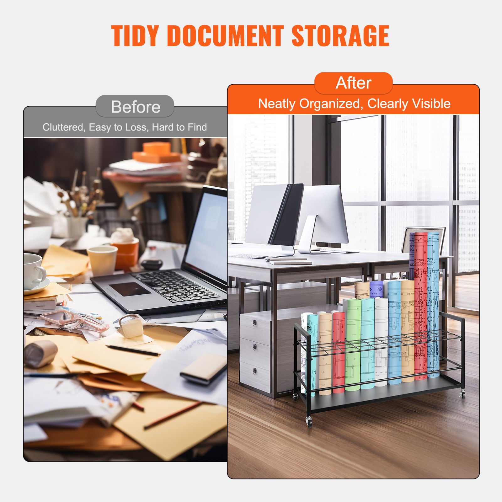 VEVOR Blueprint Storage Rack, Blueprint Holder with 50 Compartments and Wheels, Mobile Metal Blueprint Storage Cart for Construction Plans, Maps, Posters, Architecture, Rolling File Holder for Home, Office, School