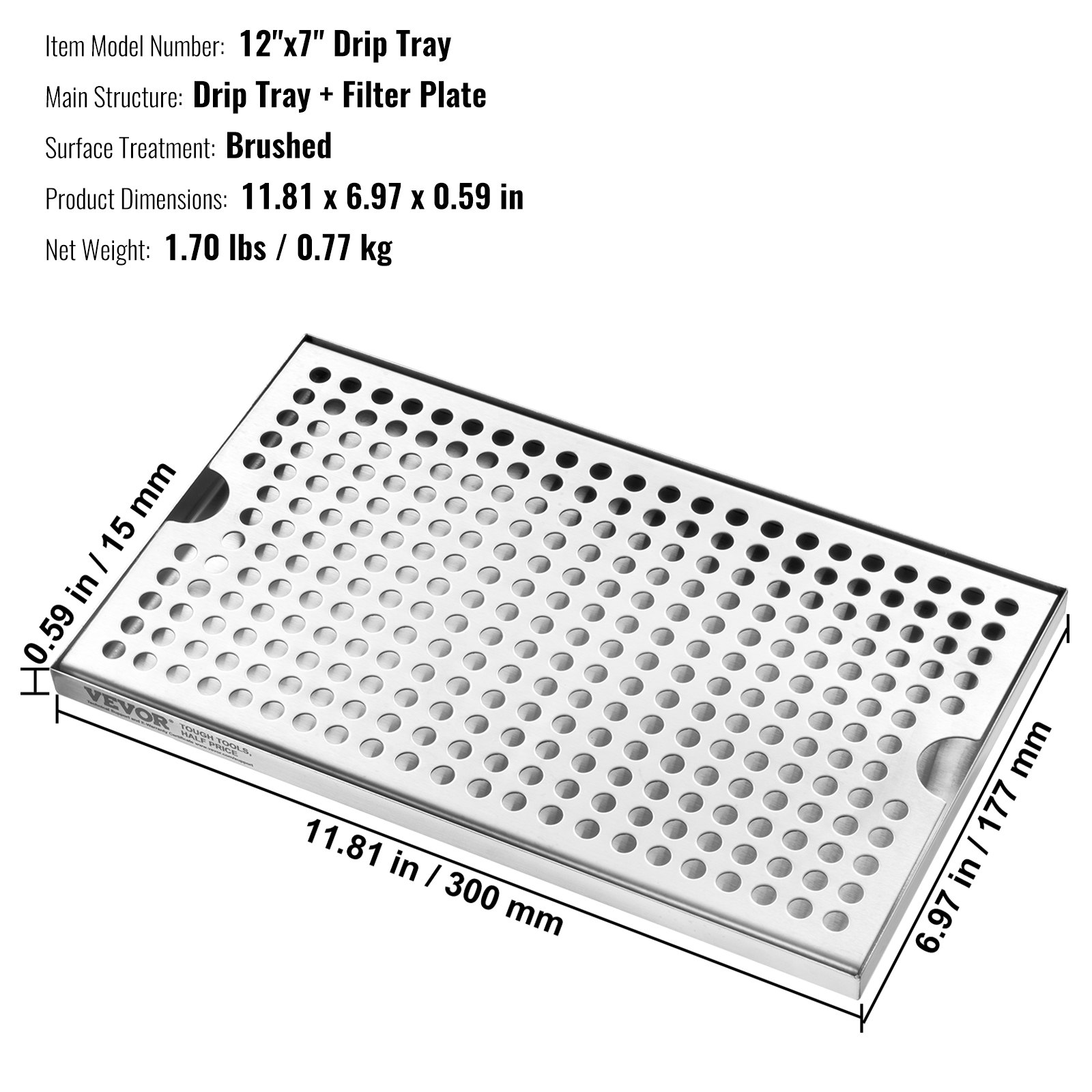 VEVOR 304  Edelstahl-Tropfschale, Bierabtropfschale mit 4 Rutschfesten Gummipads & Abnehmbarer Abdeckung, 300 x 180 x 25 mm Bar-Tropfschale Geeignet für Restaurants, Bars, Küchen, Café usw.