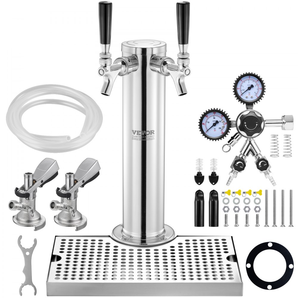 VEVOR Kegerator-Turm-Kit, Bier-Umrüstsatz mit zwei Zapfhähnen, Bier-Turmspender aus Edelstahl mit Doppelmessgerät W21.8-Regler und A-System-Fasskupplung, Bier-Tropfschale für Partys zu Hause