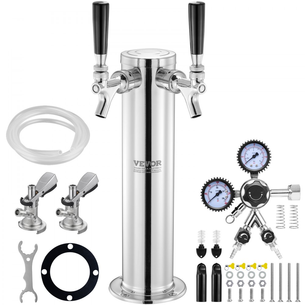 VEVOR Kegerator-Turm-Kit, Bier-Umrüstsatz mit zwei Zapfhähnen, Bier-Turmspender aus Edelstahl mit Doppelmessgerät W21.8-Regler und A-System-Fasskupplung, Bier-Tropfschale für Partys zu Hause