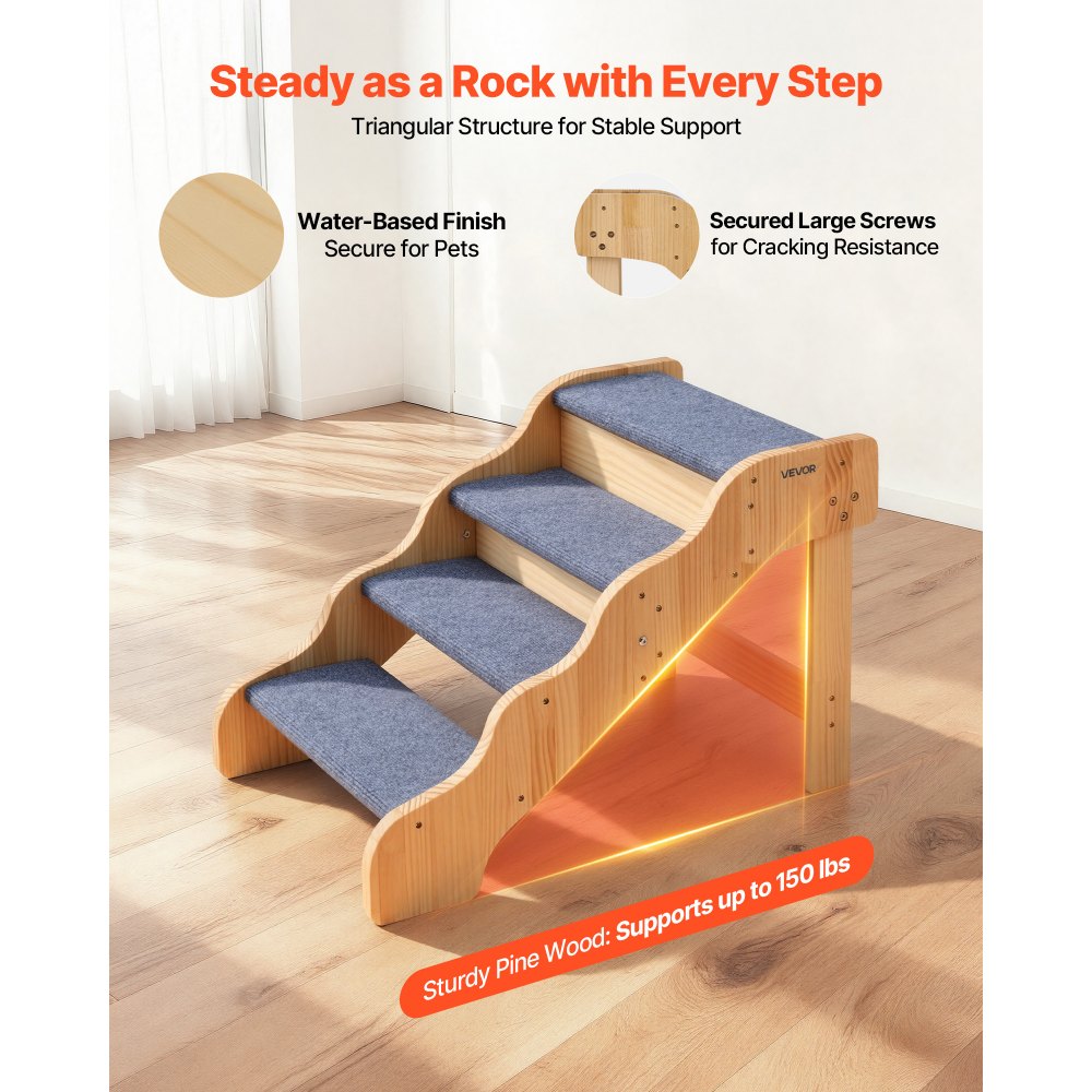VEVOR Hundetreppe 740x430x500 mm, 4-stufige Hautiertreppe, klappbare Holztreppe geeignet für kleine, mittlere, große, ältere Haustiere sowie Welpen bis 68 kg, Hundeleiter für Betten, Sofas & Autos