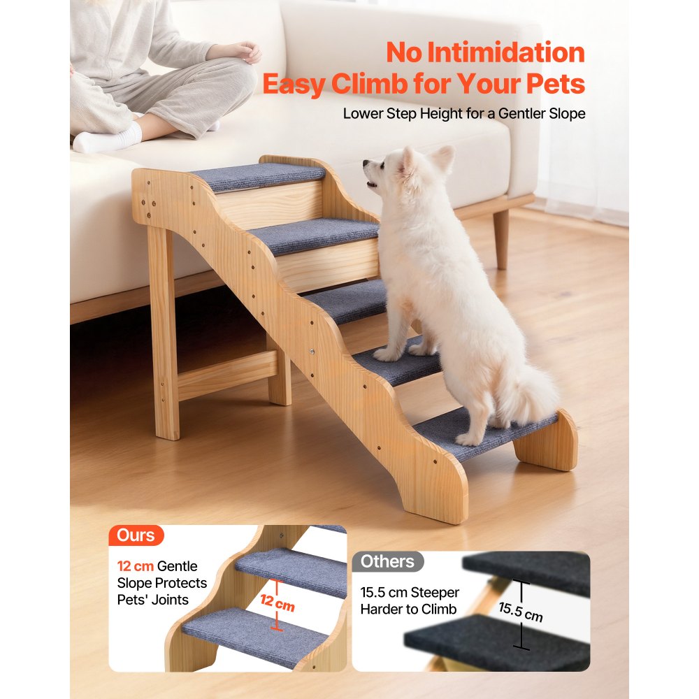 VEVOR Hundetreppe 910x430x630 mm, 5-stufige Hautiertreppe, Holztreppe geeignet für kleine, mittlere, große, ältere Haustiere sowie Welpen bis 68 kg, Hundeleiter für Betten, Sofas & Autos