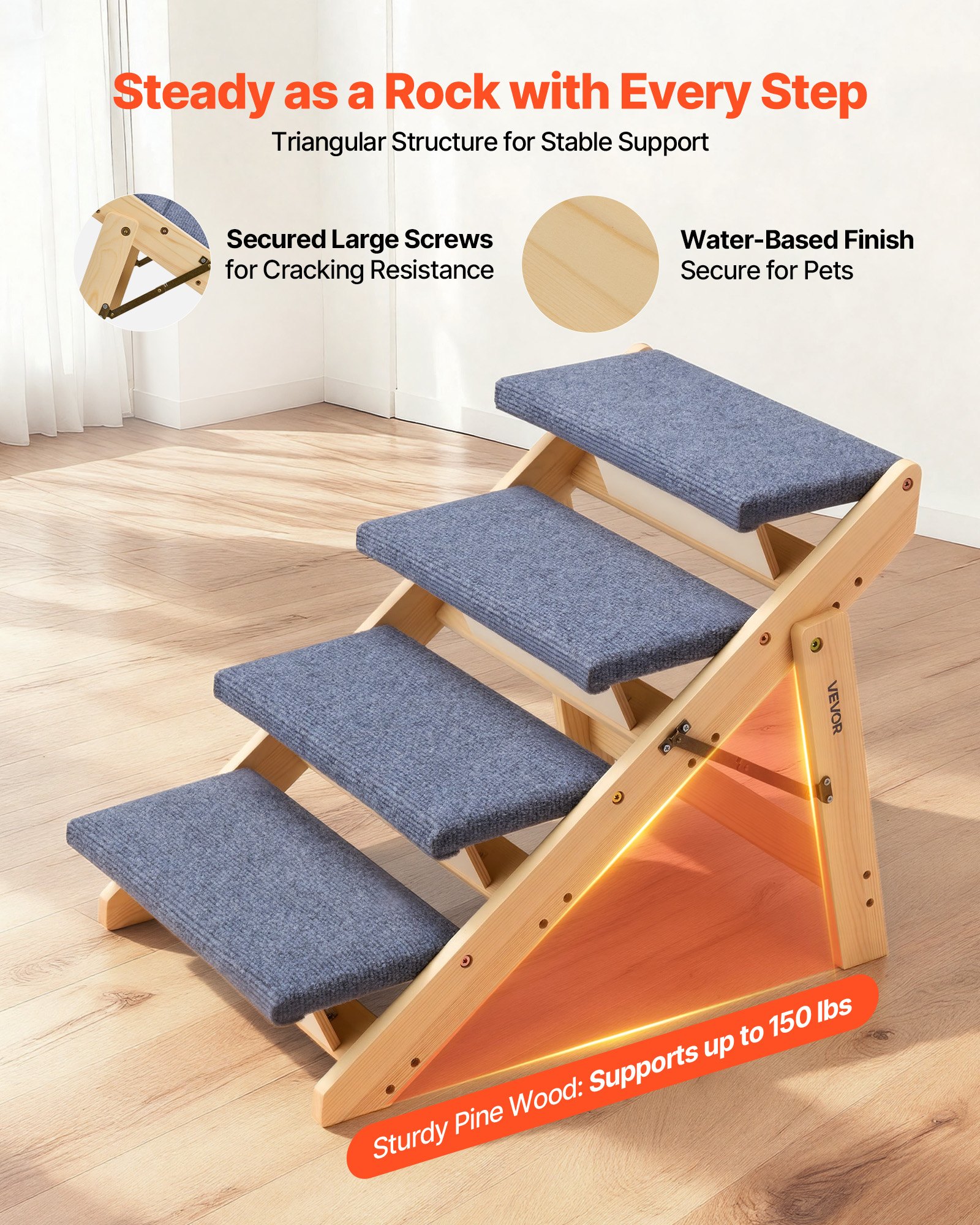 VEVOR Hundetreppe 630x470x490 mm, 4-stufige Hautiertreppe, klappbare Holztreppe geeignet für kleine, mittlere, große, ältere Haustiere sowie Welpen bis 68 kg, Hundeleiter für Betten, Sofas & Autos