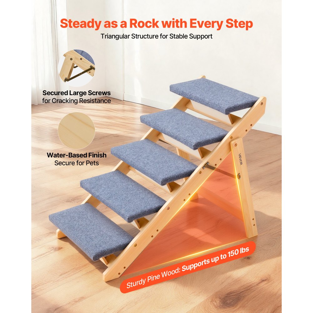 VEVOR Hundetreppe 780x470x660 mm, 5-stufige Hautiertreppe, klappbare Holztreppe geeignet für kleine, mittlere, große, ältere Haustiere sowie Welpen bis 68 kg, Hundeleiter für Betten, Sofas & Autos