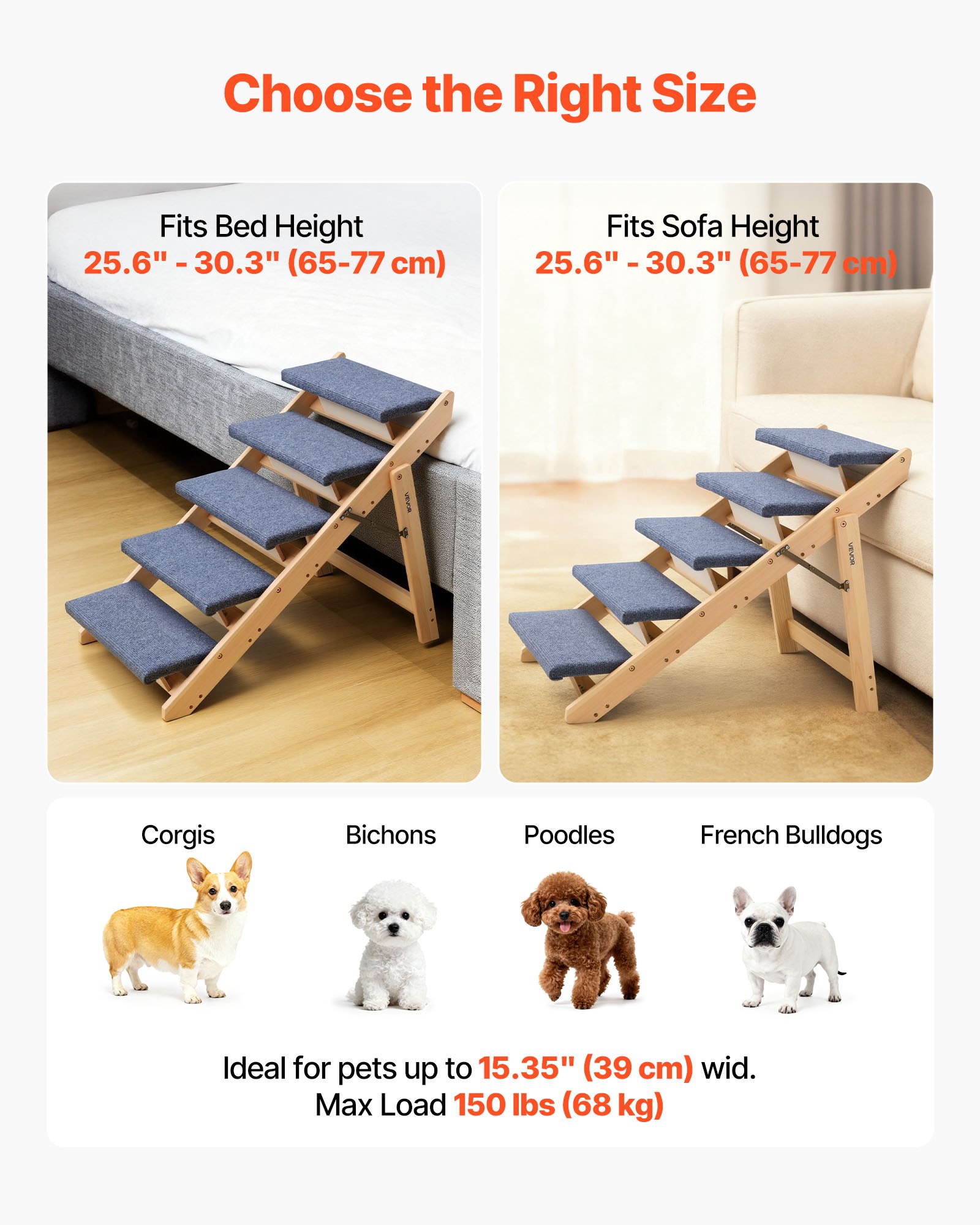 VEVOR Hundetreppe 780x470x660 mm, 5-stufige Hautiertreppe, klappbare Holztreppe geeignet für kleine, mittlere, große, ältere Haustiere sowie Welpen bis 68 kg, Hundeleiter für Betten, Sofas & Autos