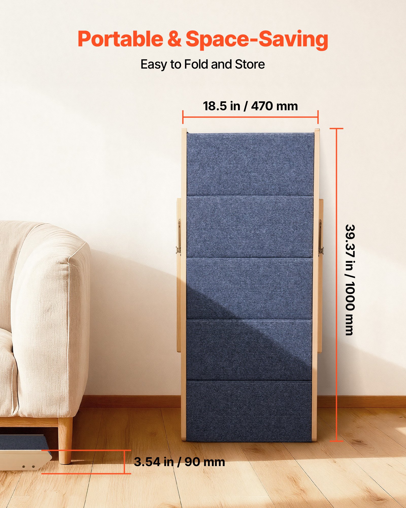 VEVOR Hundetreppe 780x470x660 mm, 5-stufige Hautiertreppe, klappbare Holztreppe geeignet für kleine, mittlere, große, ältere Haustiere sowie Welpen bis 68 kg, Hundeleiter für Betten, Sofas & Autos