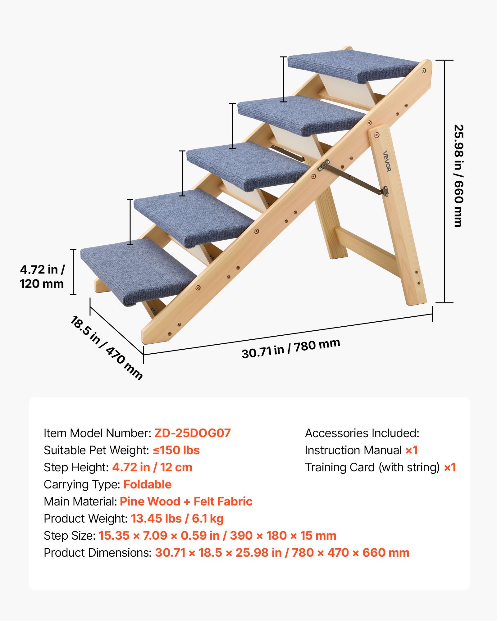 VEVOR Hundetreppe 780x470x660 mm, 5-stufige Hautiertreppe, klappbare Holztreppe geeignet für kleine, mittlere, große, ältere Haustiere sowie Welpen bis 68 kg, Hundeleiter für Betten, Sofas & Autos