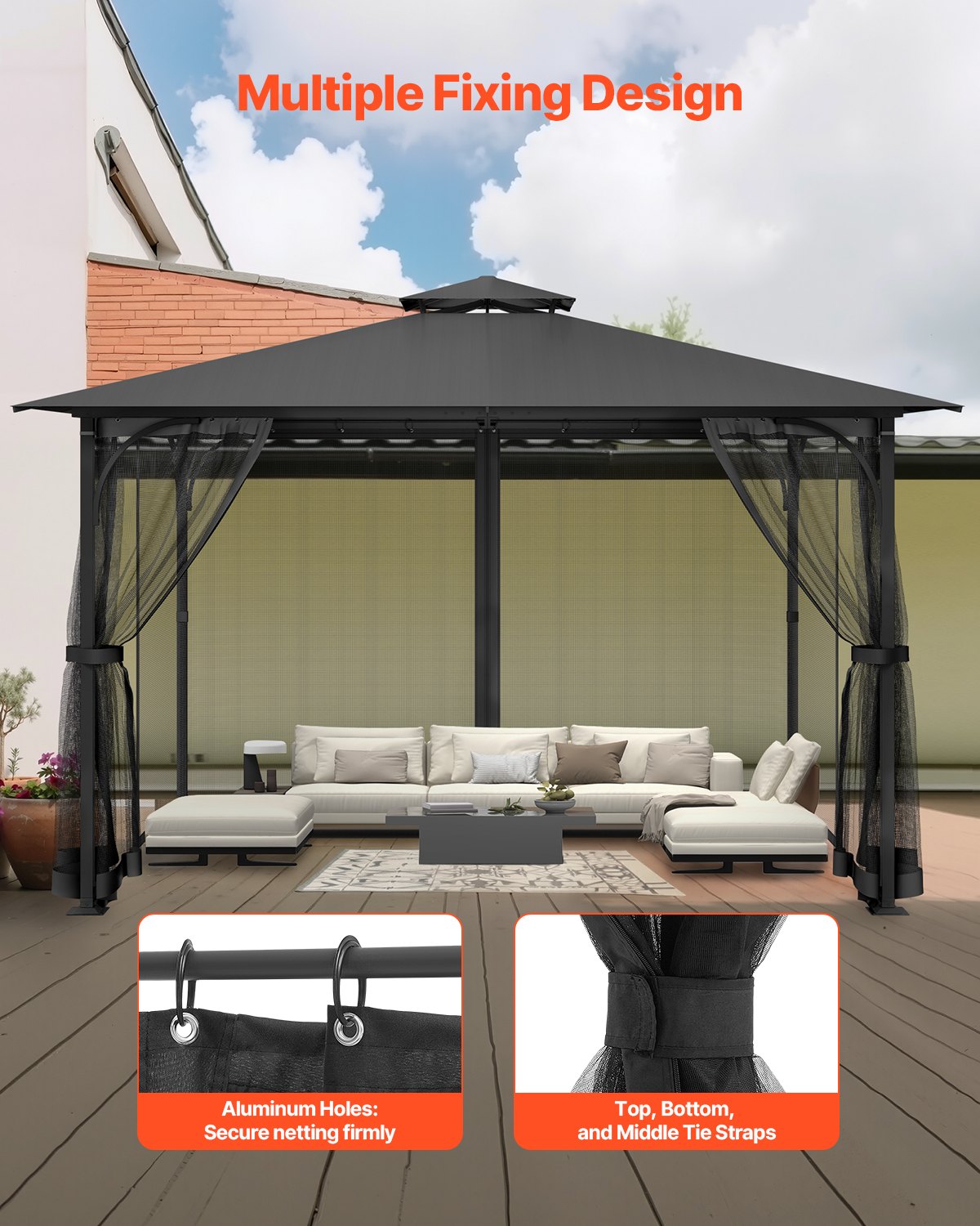 VEVOR Moskitonetz für Pavillon, Mückennetz, passend für 304,8x396,2x207,3 cm große Pavillons, Insektenschutz, 4-teiliger Seitenwand-Pavillonvorhang, mit Doppelreißverschluss (nur Netz)