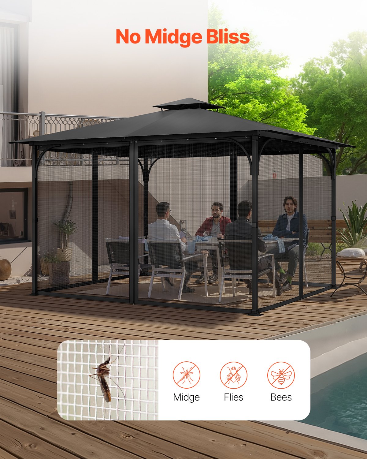 VEVOR Moskitonetz für Pavillon, Mückennetz, passend für 304,8x396,2x207,3 cm große Pavillons, Insektenschutz, 4-teiliger Seitenwand-Pavillonvorhang, mit Doppelreißverschluss (nur Netz)