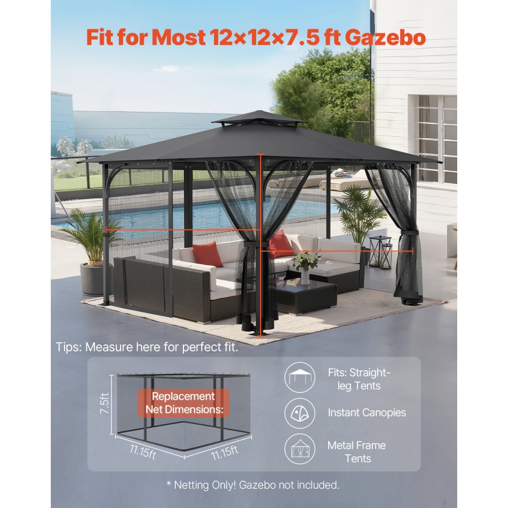 VEVOR Moskitonetz für Pavillon, Mückennetz Ersatz, passend für 365,8x365,8x228,6 cm große Pavillons, Insektenschutz 4-teiliger Seitenwand-Pavillonvorhang, mit Doppelreißverschluss (NUR Netz)