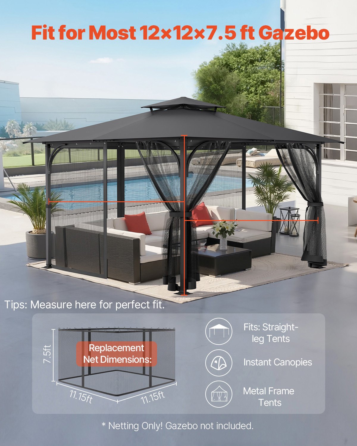 VEVOR Moskitonetz für Pavillon, Mückennetz Ersatz, passend für 365,8x365,8x228,6 cm große Pavillons, Insektenschutz 4-teiliger Seitenwand-Pavillonvorhang, mit Doppelreißverschluss (NUR Netz)