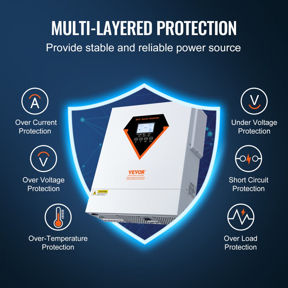 VEVOR 2 in 1 Hybrid-Solar-Wechselrichter 3500W Solar Inverter 7000VA Reiner Sinus MPPT LCD-Display 3 Lademodi (Solarladung, Netzladung, Hybridladung) & 4 Ausgangsmodi (UTL, SOL, SBU, SUB)