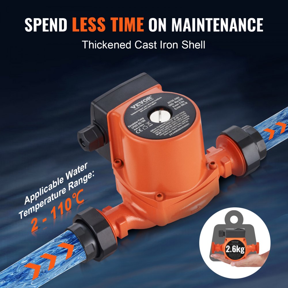 VEVOR Heizungspumpe Umwälzpumpe Pumpe Gusseisen 220 V 92 W, 60l/min Max. Durchflussrate, 6m Max. Förderhöhe, 1-1/2 Zoll Gewindeanschluss, Temperaturbereich Von 2 °C Bis 110 °C, Drei Einstellbare Durchflussraten, Geräuscharm