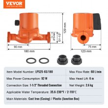 Vevor Heizungspumpe Umwälzpumpe Pumpe Gusseisen 220 V 92 W, 60l/min Max. Durchflussrate, 6m Max. Förderhöhe, 1 1/2 Zoll Gewindeanschluss, Temperaturbereich Von 2 °C Bis 110 °C, Drei Einstellbare Durchflussraten, Geräuscharm