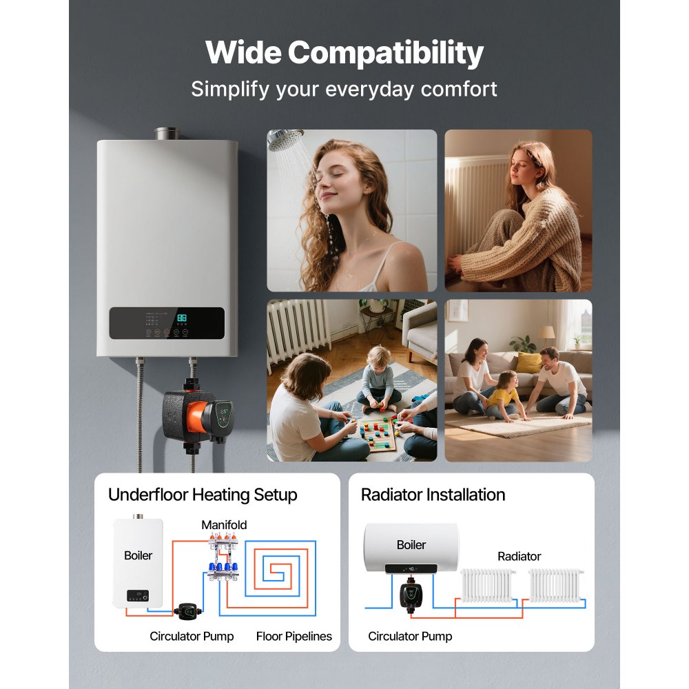 VEVOR LPS25-11PA/180 Zirkulationspumpe Umwälzpumpe, 117 LPM, 11 m max. Förderhöhe, Gusseisen-Warmwasserzirkulation, Gewindeanschluss, Rückschlagventil, leiser Betrieb, für Heizungsanlage zu Hause