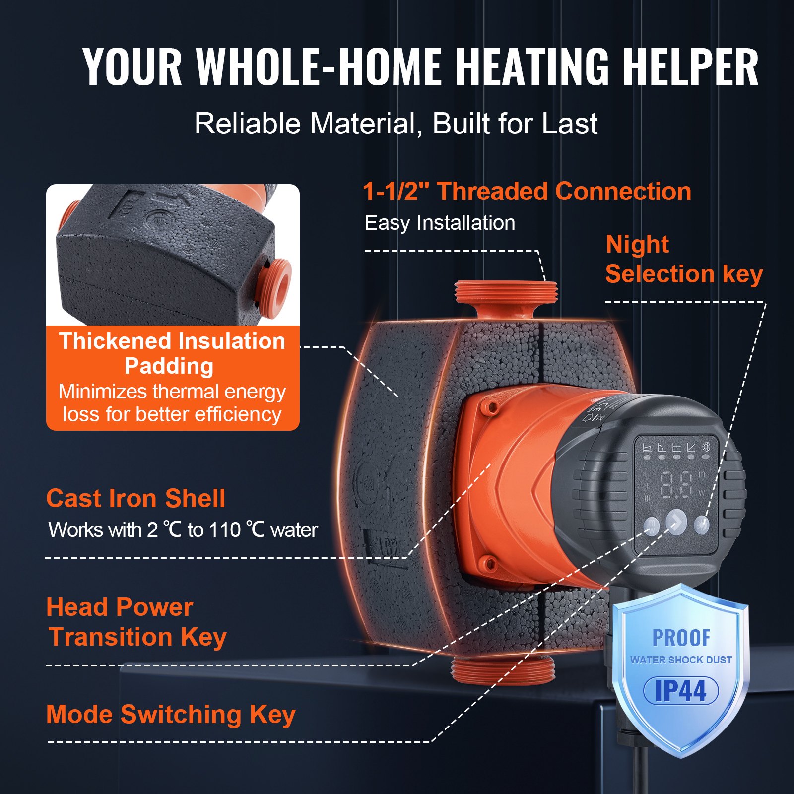 VEVOR heating pump, 8 m delivery head, circulation pump, 220 V, 60 W, 67 L/min, high-efficiency circulation pump, automatic water circulation pump, 1-1/2 inch NPT thread, EMC pump for hot water systems