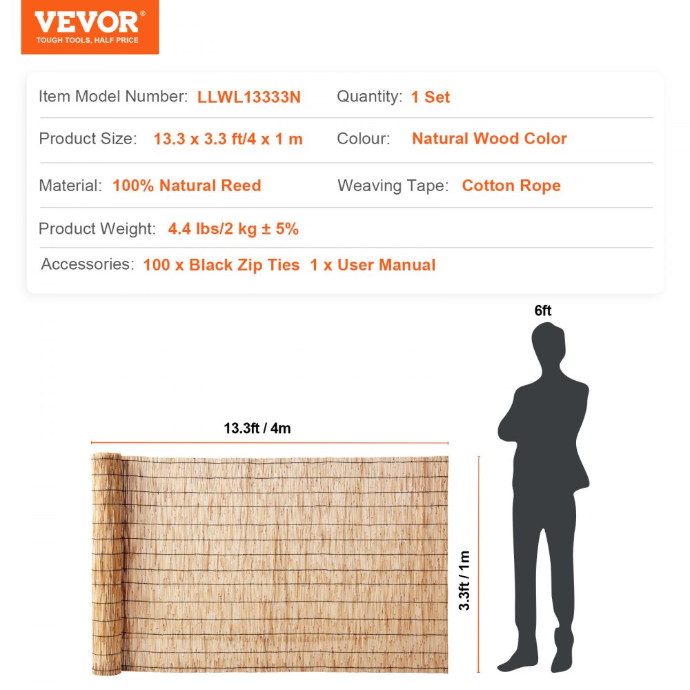 VEVOR Natürlicher Schilfzaun, 1,0 x 4,1 m, Schilf-Sichtschutzvorhang, Balkon-Schilfzaunrolle für den Außenbereich, Hinterhofterrasse, dekorativer Zaun für Gartenzaun-Trennwand, Sichtschutz-Paneelvorhang