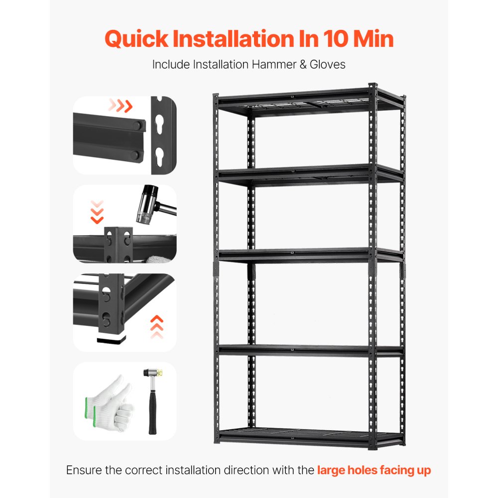 VEVOR Storage Shelving, 907 kg, 5-Tier Heavy-Duty Shelving Unit for Garage, 406.4 x 914.4 x 1828.8 mm, Adjustable Boltless Shelving Unit, Industrial Shelving Unit, All-Purpose Shelving Unit, Basement Shelving Unit for Kitchen, Storage, Cellar, Black