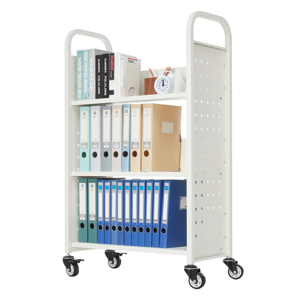 VEVOR Bücherwagen, 150 kg Tragkraft, Bibliothekswagen, 77 x 38 x 122 cm, einseitiges L-förmiges Bücherregal mit Doppelbremsrollen, Bücherregalwagen für Wohnzimmer, Büro, Schule, Weiß