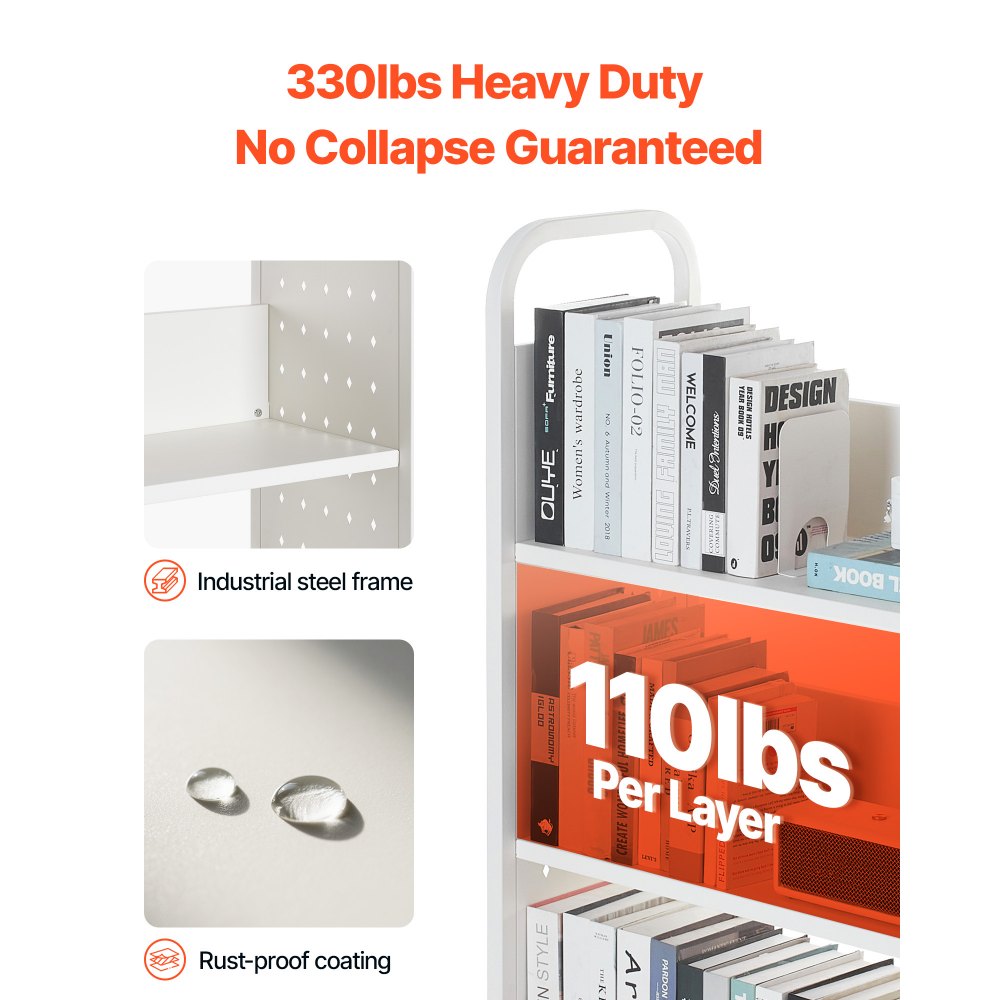 VEVOR Rolling Library Book Cart, 150 kg Capacity, 77 x 38 x 122 cm Library Cart, Single Sided L-Shaped Shelves with 76.2 mm Lockable Wheels, Book Truck for Home Shelves Office and School, White