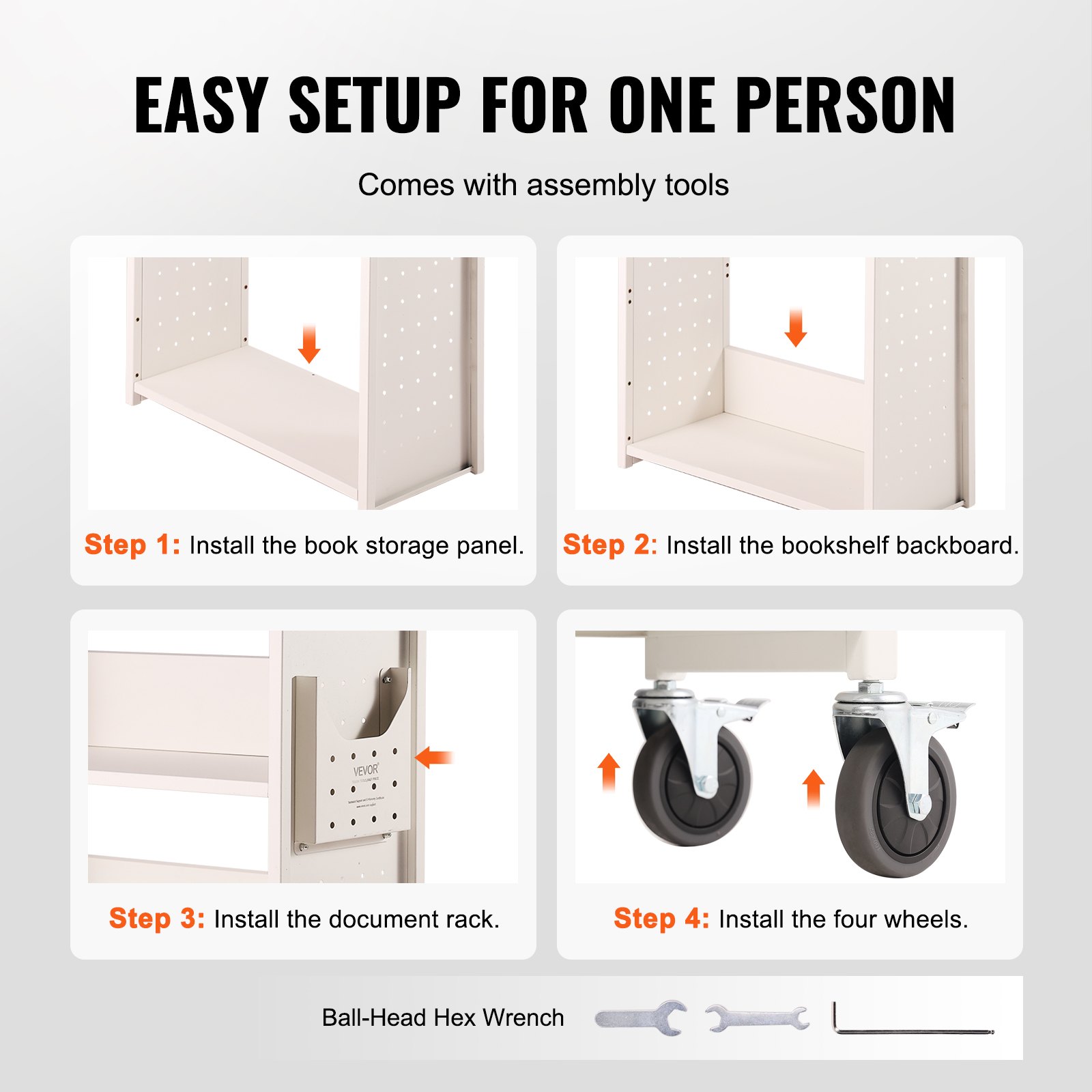 VEVOR Bibliothekswagen 790x385x1250mm Abräumwagen 3 Regale Bücherwagen Kohlenstoffstahl + kaltgewalzte Stahlplatte Servierwagen 150kg Gewichtskapazität (50kg pro Regal) inkl. 2 Buchstützen Weiß