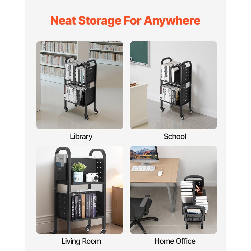 VEVOR Bücherwagen, 70 kg Tragkraft, Bibliothekswagen, 45 x 33 x 88 cm, Doppelseitiges L-förmiges Bücherregal mit Doppelbremsrollen, Bücherregalwagen für Wohnzimmer, Büro, Schule, Schwarz