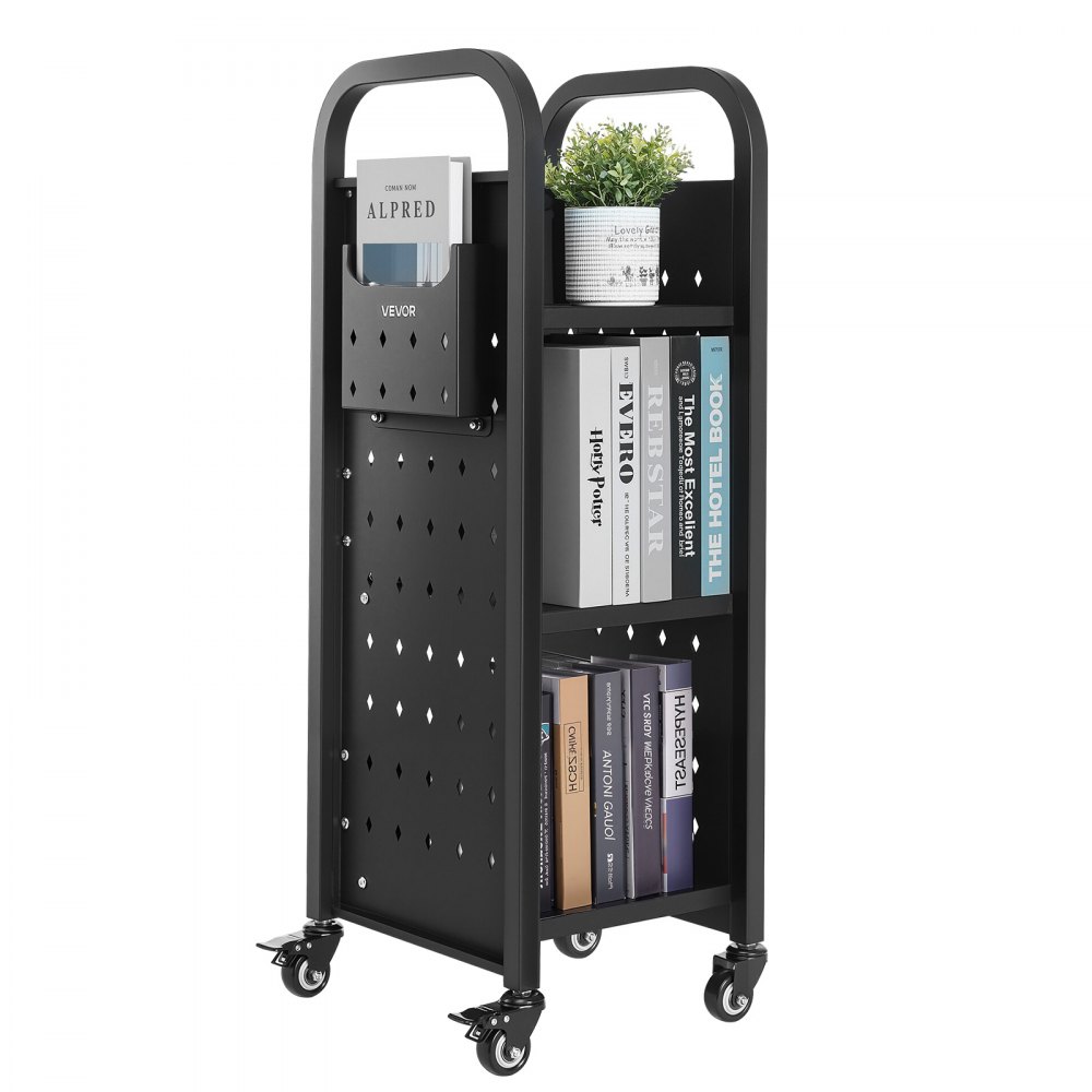VEVOR Bücherwagen, 100 kg Tragkraft, Bibliothekswagen, 32 x 35 x 93,5 cm, einseitiges L-förmiges Bücherregal mit Doppelbremsrollen, Bücherregalwagen für Wohnzimmer, Büro, Schule, Schwarz