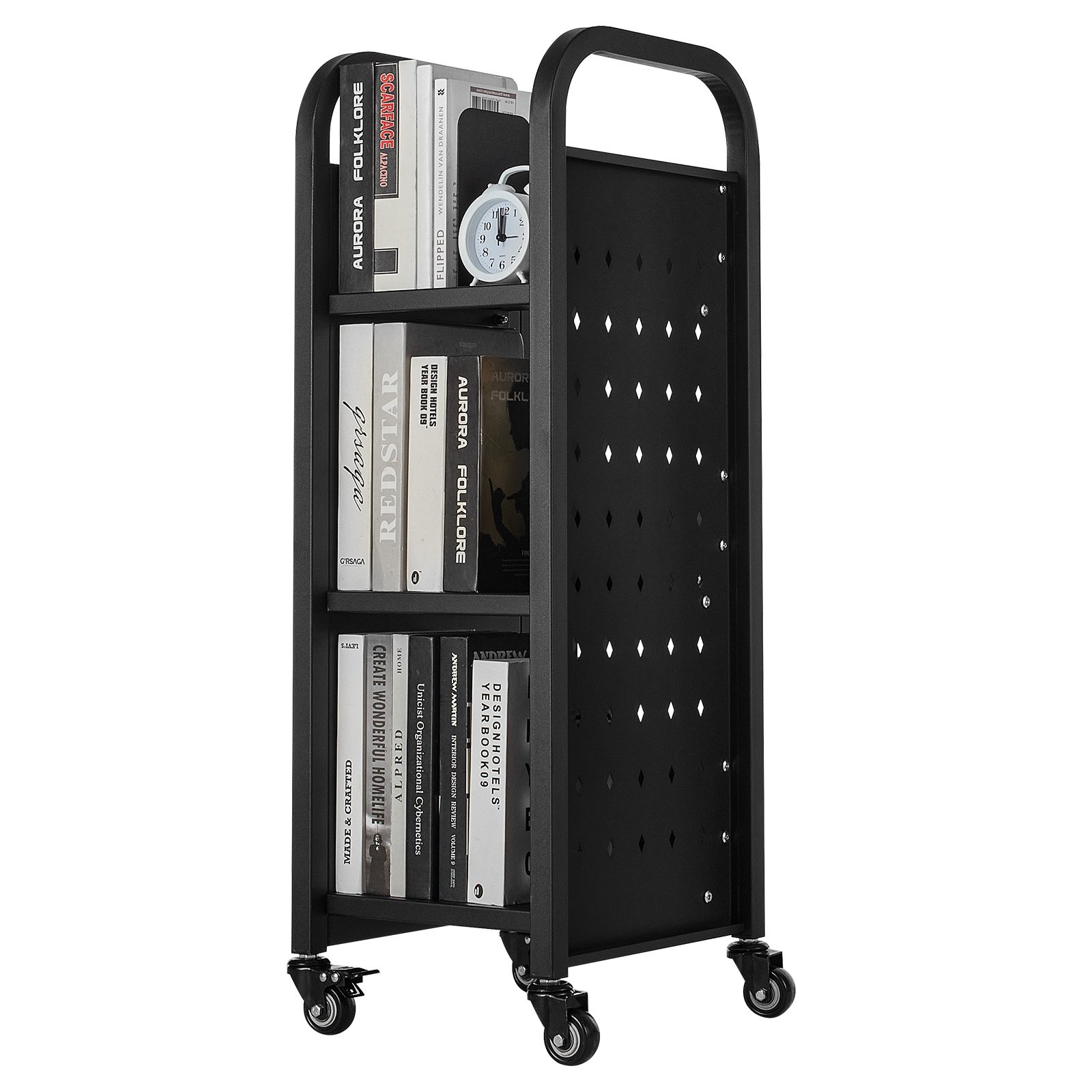 VEVOR Bücherwagen, 100 kg Tragkraft, Bibliothekswagen, 32 x 35 x 93,5 cm, einseitiges L-förmiges Bücherregal mit Doppelbremsrollen, Bücherregalwagen für Wohnzimmer, Büro, Schule, Schwarz