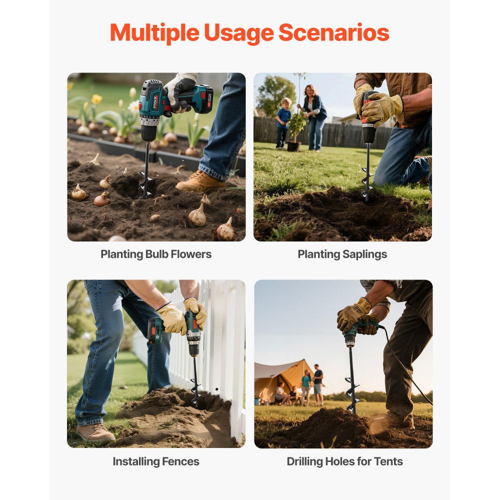 VEVOR Auger Drill Bit for Planting, 40 x 220 mm Spiral Drill Bit, for 3/8" Hex Drive Drills, Heavy Duty Bulb Planter Tool, Hole Drilling Attachments for Garden Post Hole Digger Fence Digging