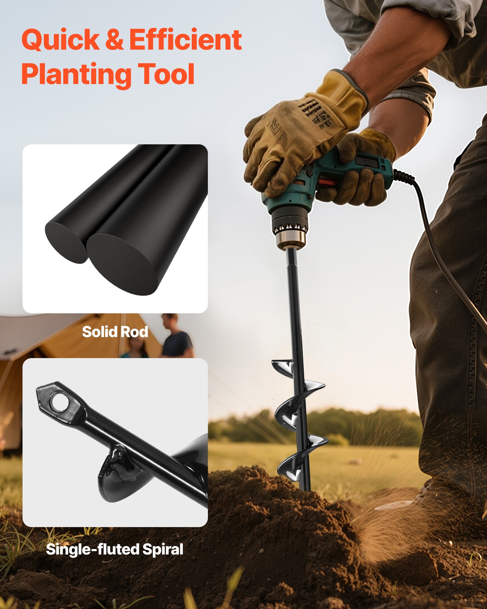 VEVOR Auger Drill Bit for Planting, 40 x 220 mm Spiral Drill Bit, for 3/8" Hex Drive Drills, Heavy Duty Bulb Planter Tool, Hole Drilling Attachments for Garden Post Hole Digger Fence Digging