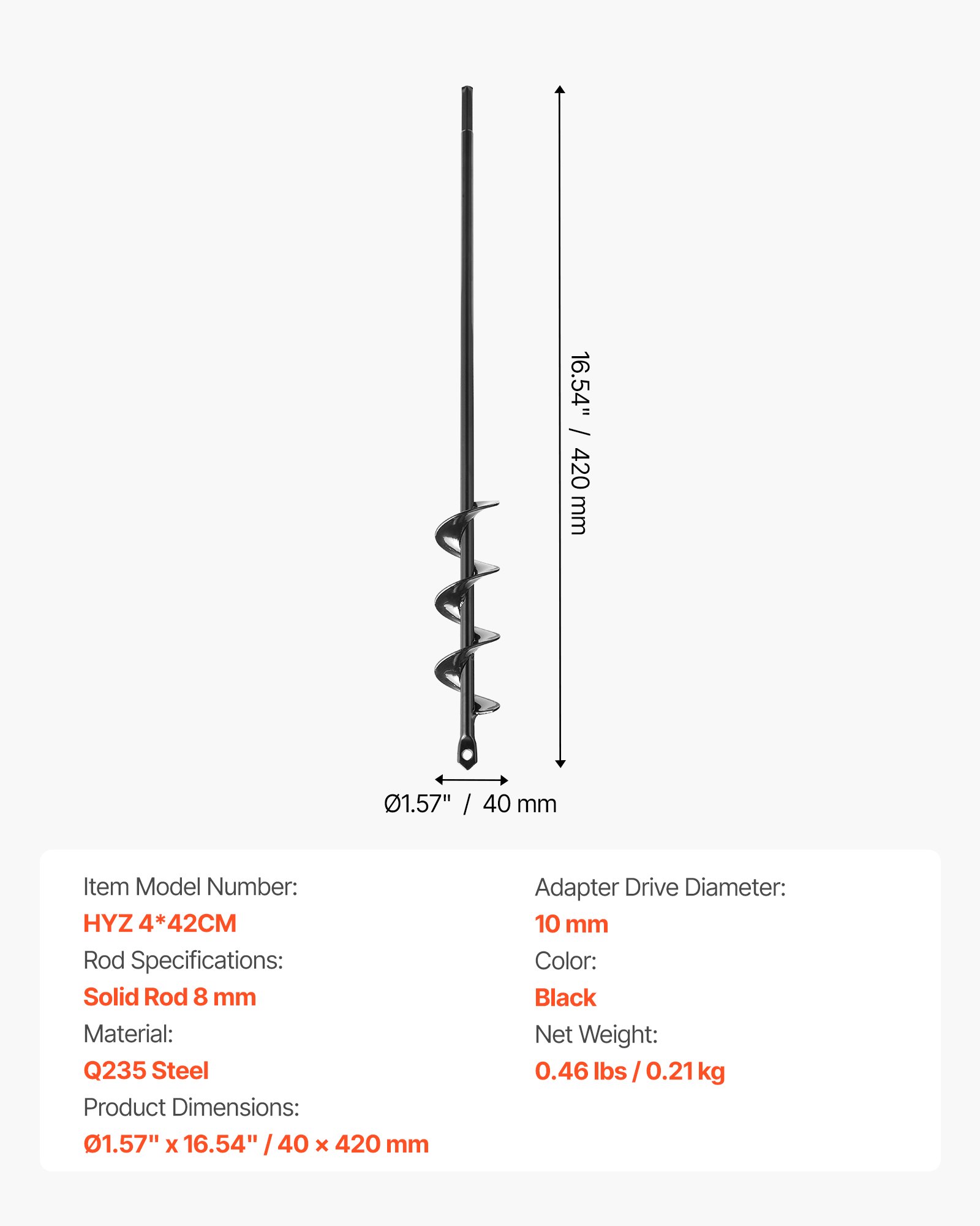 VEVOR Auger Drill Bit for Planting, 40 x 420 mm Spiral Drill Bit, for 3/8" Hex Drive Drills, Heavy Duty Bulb Planter Tool, Hole Drilling Attachments for Garden Post Hole Digger Fence Digging