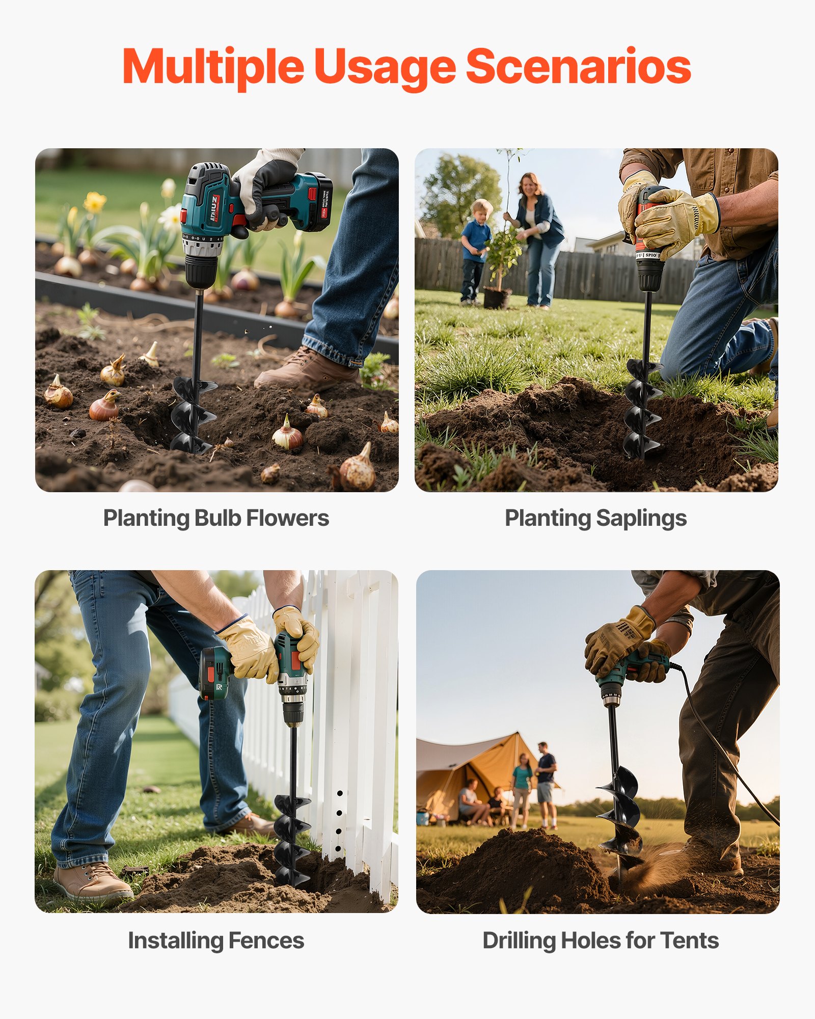 VEVOR Erdbohrer für Bohrmaschine, Ø 8x41 cm Gartenbohrer, für 3/8-Zoll-Sechskant-Bohrer, Pfahlbohrer, Erdlochbohrer, Lochbohraufsätze zum Graben von Gartenpfostenlöchern und Zäunen