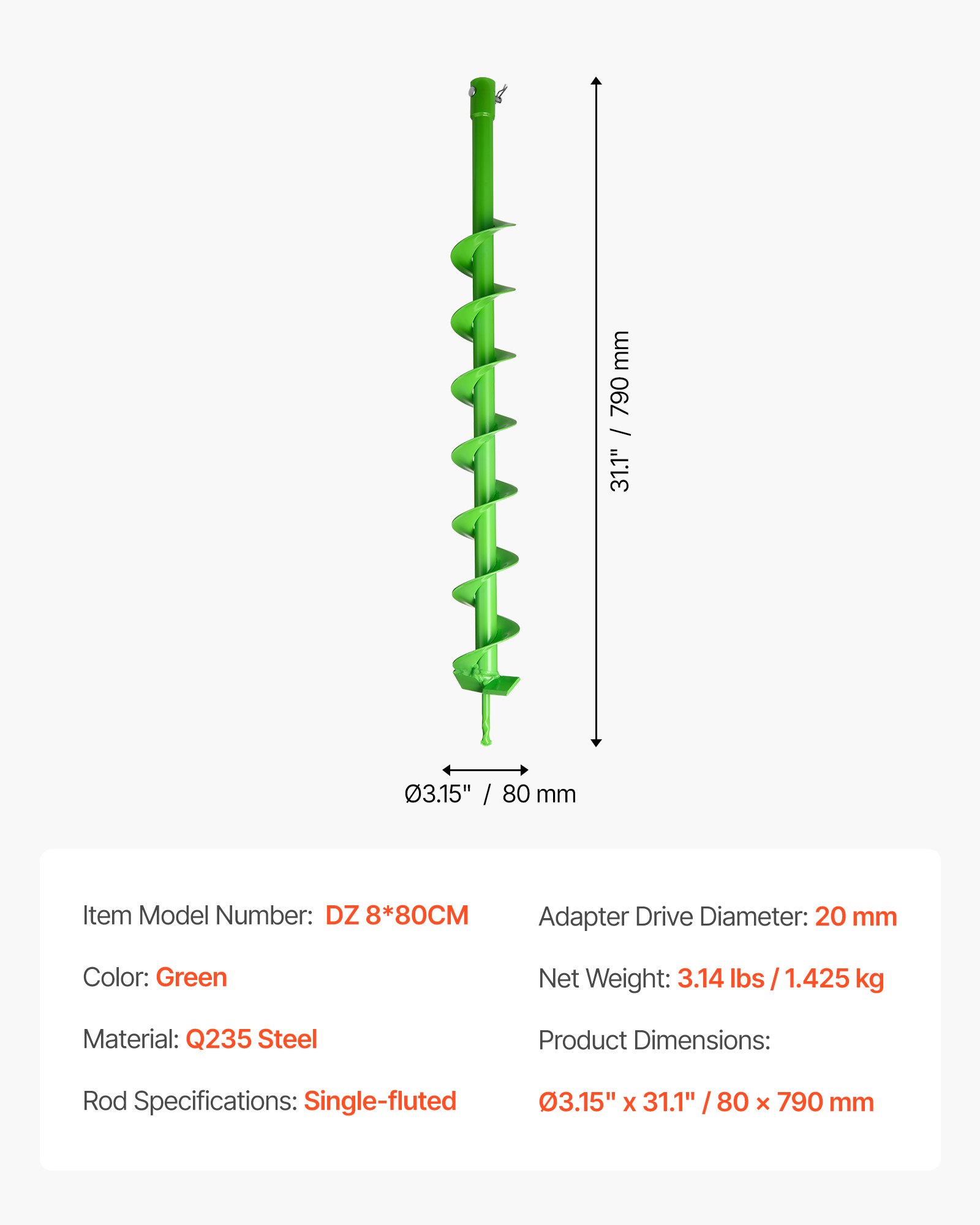 VEVOR Erdbohrer für Bohrmaschine, Ø 80x790 mm Gartenbohrer, kompatibel mit Bohrern mit 20 mm Innendurchmesser, Erdlochbohrer, Pfahlbohrer, Pfostenlochbohraufsätze für Gartenbagger & Zäune
