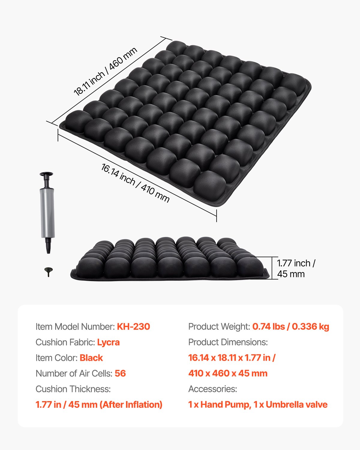 VEVOR Aufblasbares Sitzkissen 410x460x45mm, 3D-Luftzellen-Reisekissen zur Druckentlastung, Lycra & TPU-Rollstuhl-Sitzpolster mit manueller Pumpe, leicht & tragbar für Reisen, Büro, Auto, Flugzeug