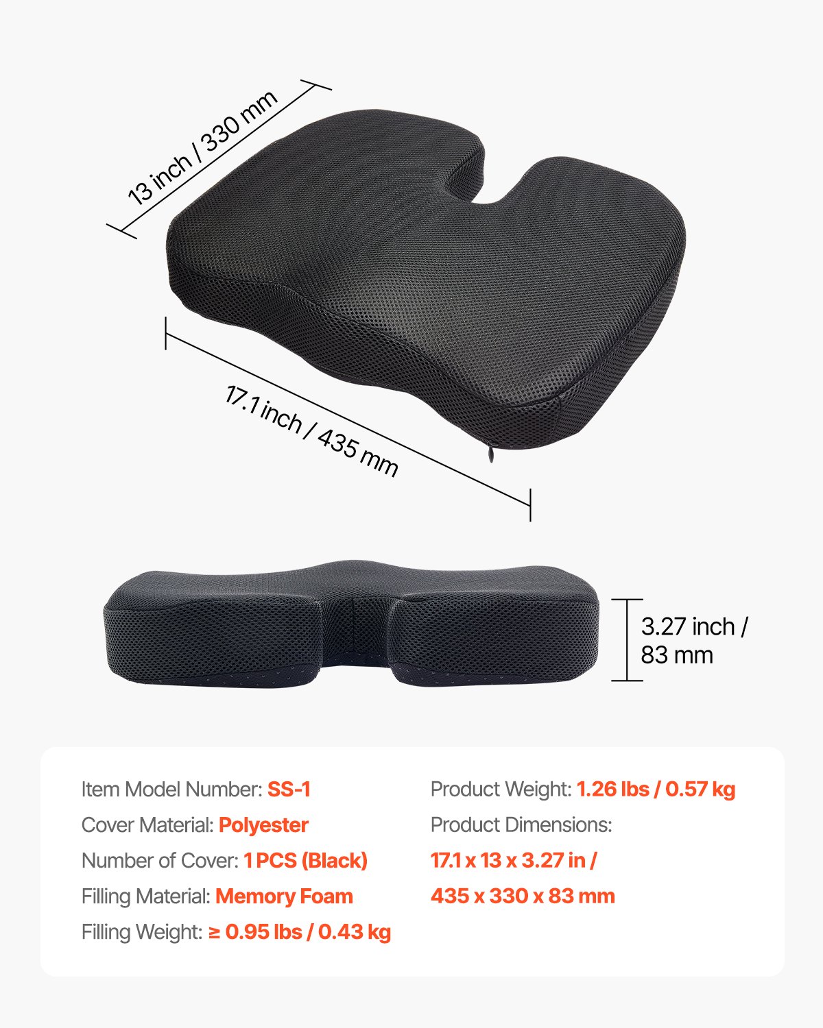 VEVOR Sitzkissen 435x330x83 mm, Memory Foam Sitzunterlage zur Druckentlastung, atmungsaktives Rollstuhl-Sitzpolster mit abnehmbarem Bezug für Reisen, Büro, Auto, Flugzeug – leicht und tragbar