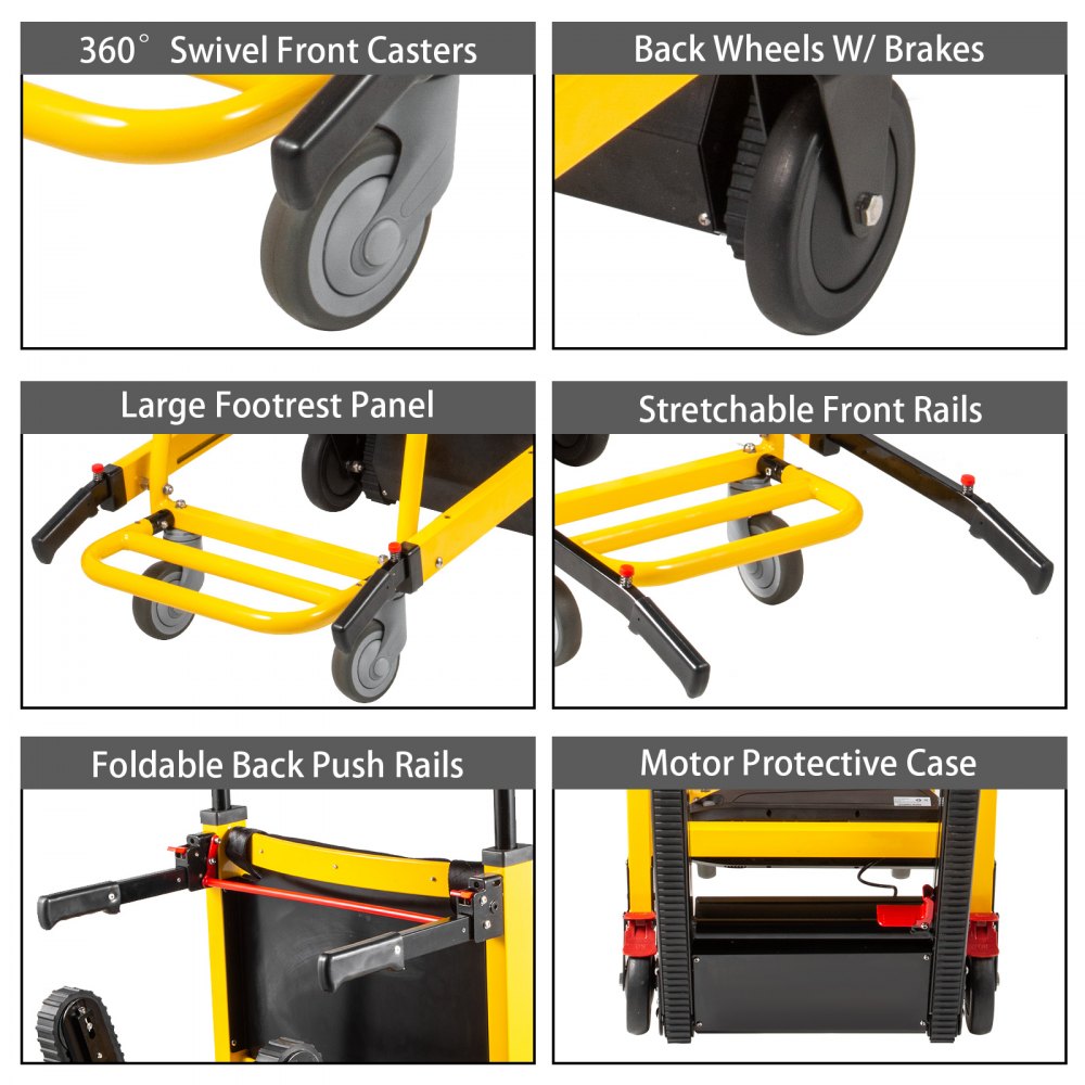 VEVOR 200W Elektrisch Rollstuhl Treppenlift Kletteraufzug Motorisierte Lithiumbatterie Klettern Crawler Elektrische Treppe Rollstuhl Aluminiumlegierung Faltbare Tragbare(Schwarz Gelb)