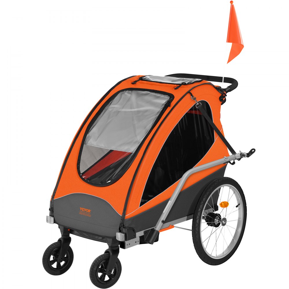 VEVOR Fahrradanhänger Doppelsitz, 54 kg Tragkraft, 2-in-1-Verdeckträger, umbaubar in Kinderwagen, faltbarer Kinderfahrradanhänger zum Ziehen mit universeller Fahrradkupplung, Orange und Grau