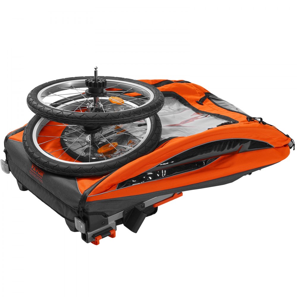 VEVOR Fahrradanhänger Doppelsitz, 54 kg Tragkraft, 2-in-1-Verdeckträger, umbaubar in Kinderwagen, faltbarer Kinderfahrradanhänger zum Ziehen mit universeller Fahrradkupplung, Orange und Grau