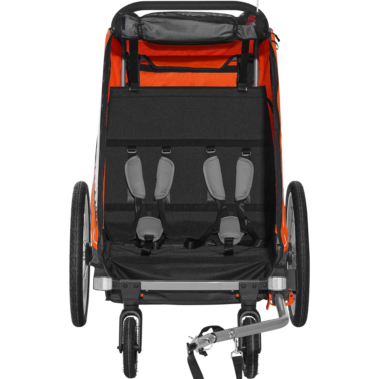 VEVOR Fahrradanhänger Doppelsitz, 54 kg Tragkraft, 2-in-1-Verdeckträger, umbaubar in Kinderwagen, faltbarer Kinderfahrradanhänger zum Ziehen mit universeller Fahrradkupplung, Orange und Grau
