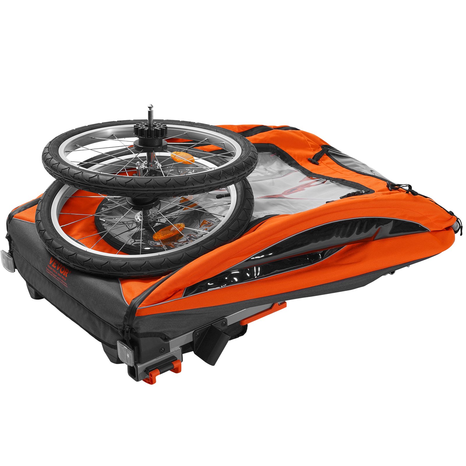 VEVOR Fahrradanhänger Doppelsitz, 54 kg Tragkraft, 2-in-1-Verdeckträger, umbaubar in Kinderwagen, faltbarer Kinderfahrradanhänger zum Ziehen mit universeller Fahrradkupplung, Orange und Grau